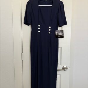 Vintage Elegant Navy Blue Dress with Button Detail